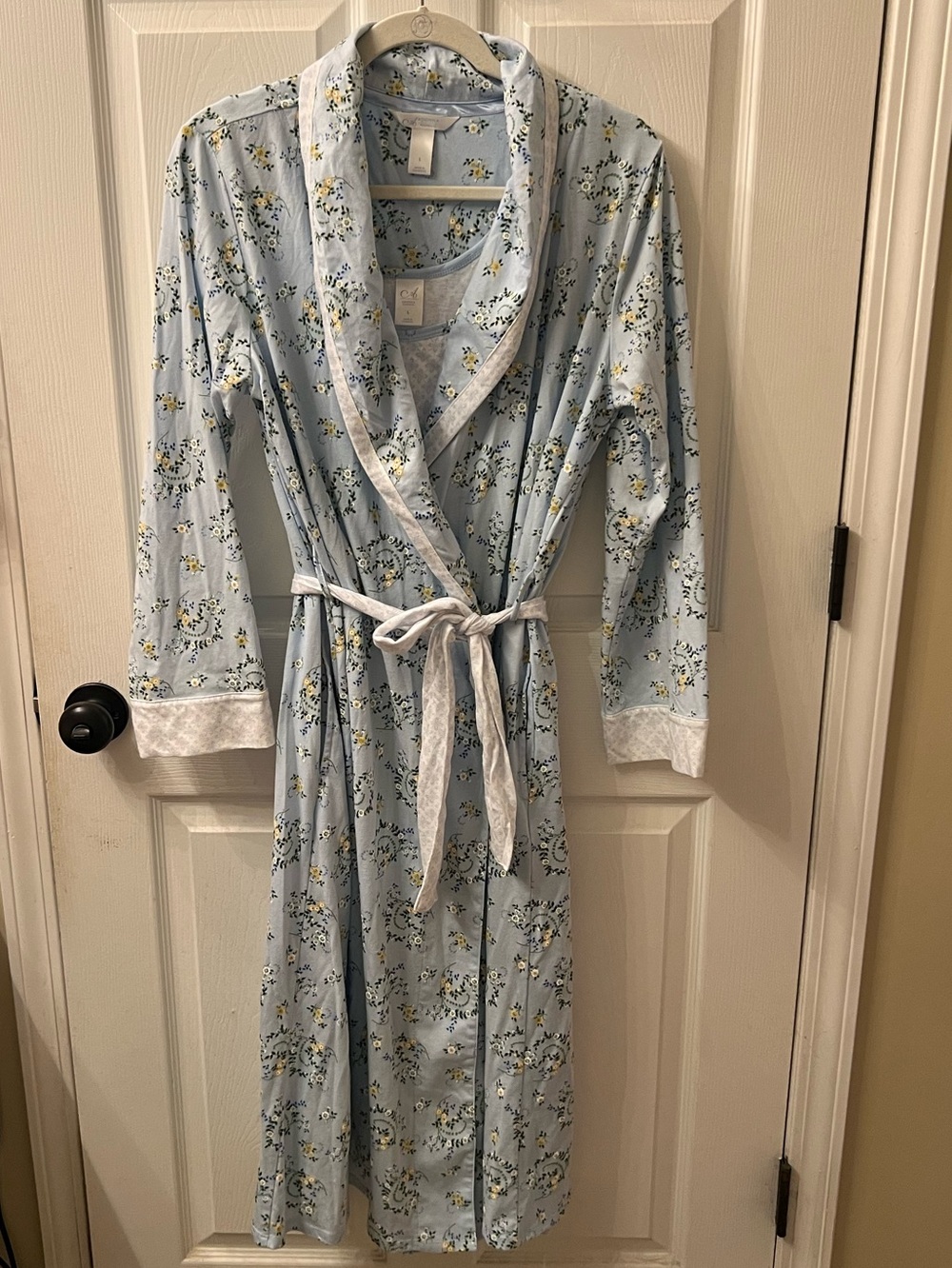 Adonna Sleepwear 2pc Set Blue Floral Long Robe Sleeveless Nightgown L NWOT
